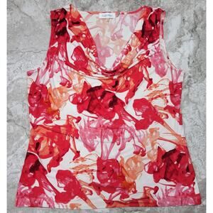 Women L Knit Tank Top Cowl Neck Sleeveless Colorful Whimsical Red Floral Career